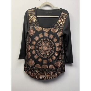 Lucky Brand Top T Shirt Womens Medium Black Metallic Foil Medallion‎ Print